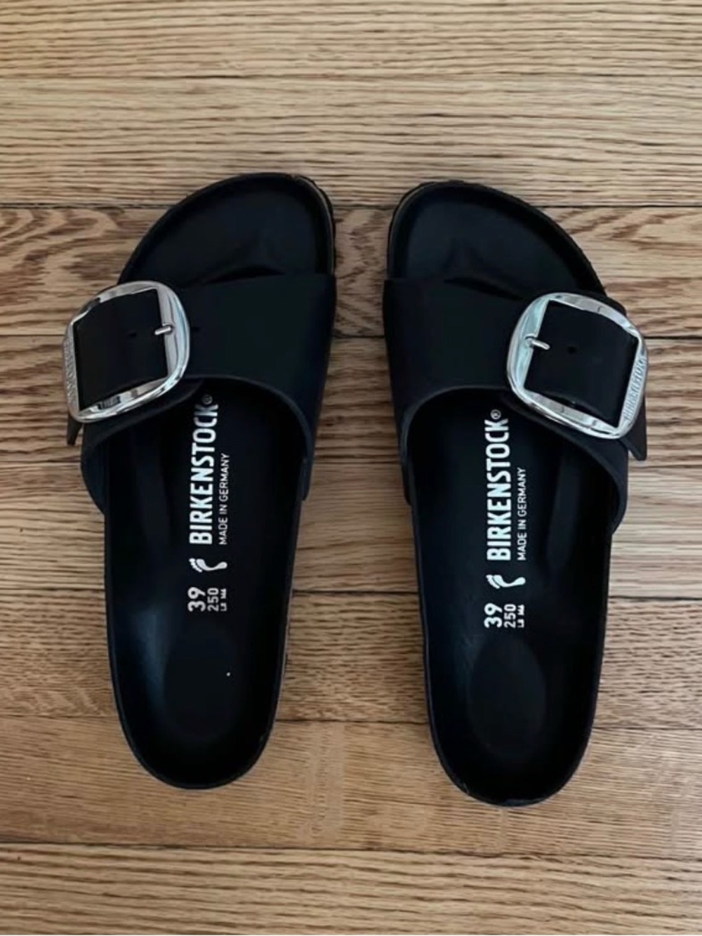 Birkenstock Women’s Black Madrid Slider Sandals with Silver Buckles
